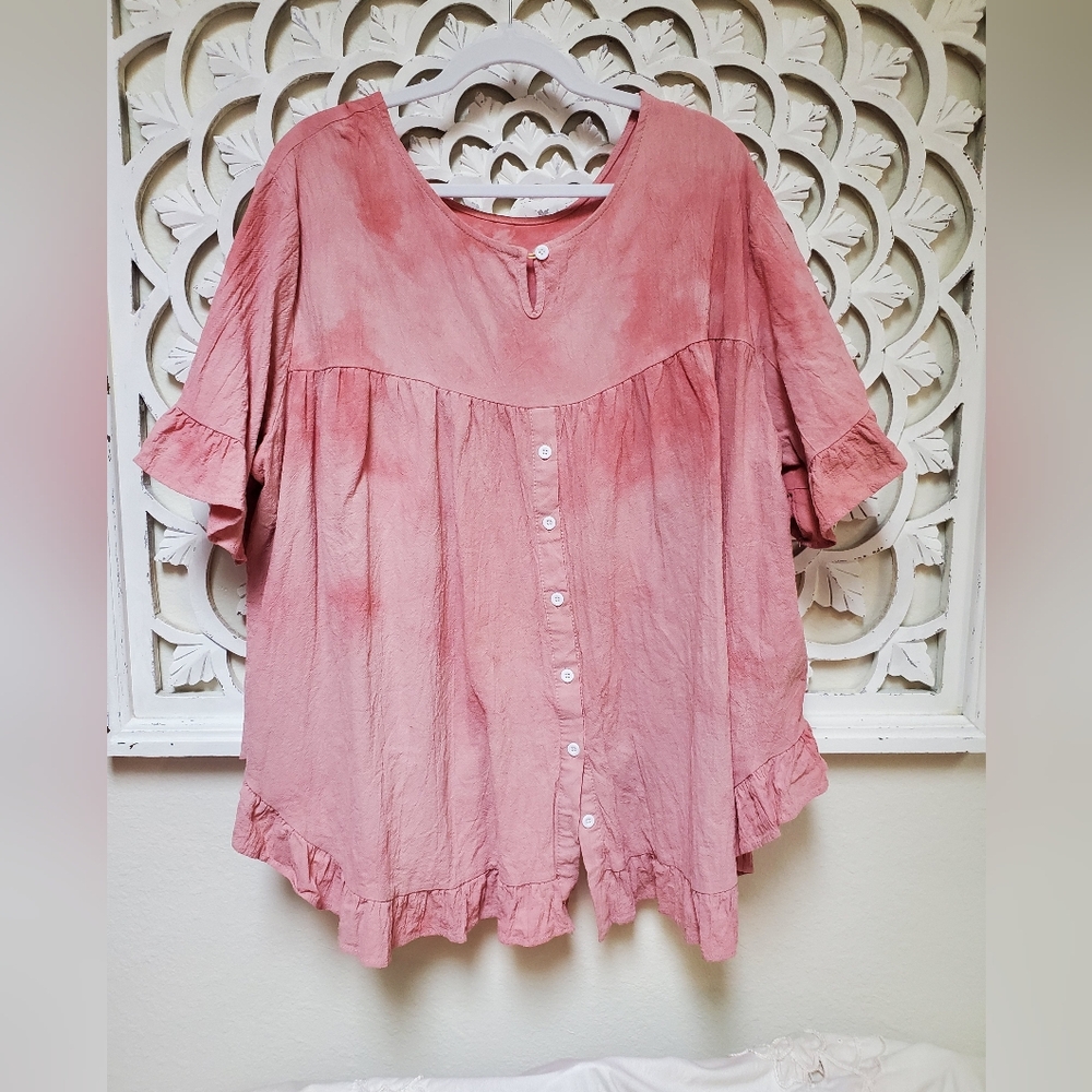 Over Dyed Tie Dye Pink Ruffle Top In Rose Quartz 4XL Fits 2X See Measurements - Picture 3 of 6